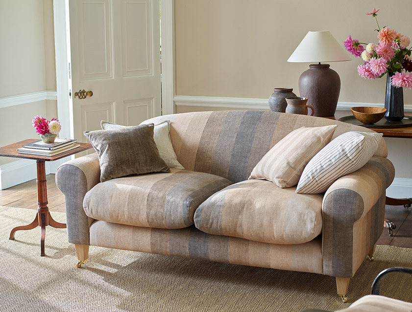 Walberswick 3 seater sofa in Spill Resistant Strata Stripe Masonry with scatters in Gully Stripe Khaki and Furrow Stripe Narrow Sand